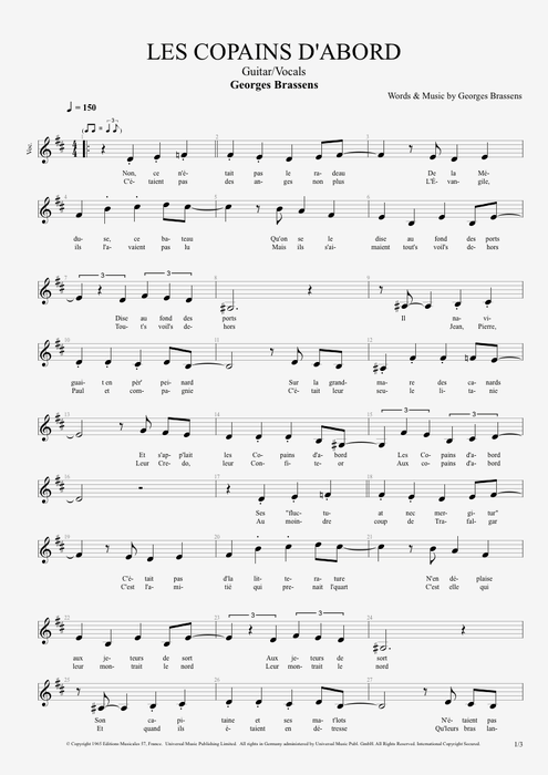 Les copains d'abord Georges Brassens guitar pro tab Vocals Guitare et voix mysongbook